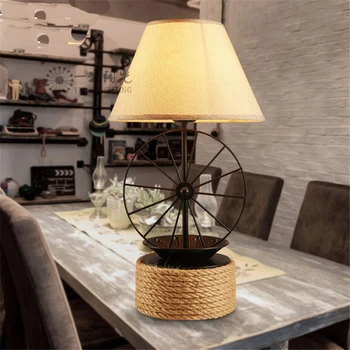 Vintage dzelzs riteņu galda lampas Eiropas bārs dekoratīvās lampas Amerikāņu guļamistaba, dzīvojamā istaba studiju auduma kaņepāju virvi tabula gaismas