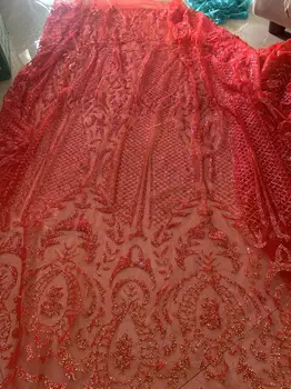 Līgavas Kāzu Luksusa Haute Couture 5Yards Red Bling Pielīmē Spīguļi, Tilla Mežģīnes Auduma, Zāģēšana Kleita/Personas Godu