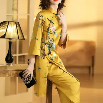 Pavasara Elegants Sieviešu Cheongsam Kleita Ķīniešu Stilā Retro Drukāšanas Tērps, Dzeltens Pilnu Piedurknēm Drēbes Qipao Femme Tang Klasisks Kostīms