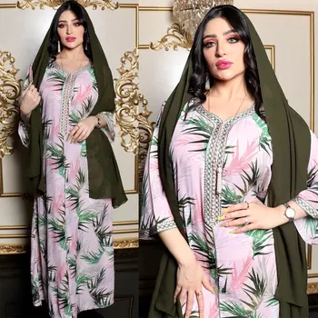 Jaunu 2022 Ziedu Drukāt Musulmaņu Kleita Sievietēm Abaya Dubajas Arābu Arābu Turcija Moroccon Kaftan Islāma Apģērba Indija Kleita Drēbes Vestido