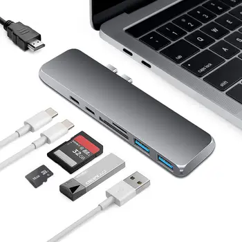 USB C Tipa Rumbu Adapteris 7 1 Dual USB Type C Doks Pro ar 4K HDMI Saderīgu USB C USB3.0 SD/MicroSD Karšu Lasītājs