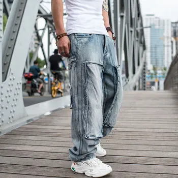 Liela Izmēra Mīksti Džinsi Vīriešu Džinsa Bikses Multi Pocket Taisni Baggy Gadījuma Streetwear Hip Hop Skrituļdēlis Zilā Plaša Kāju Bikses
