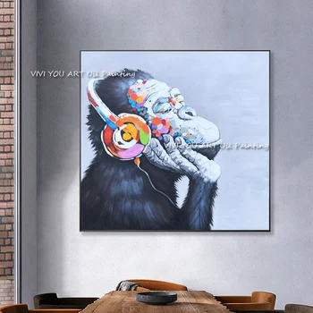 Austiņas Mērkaķis Mūzikas Dzīvnieku Roku Darbs Abstraktās Mākslas Eļļas Glezna Uz Audekla Modernās Glezniecības Mājas Apdares Krāsu Orangutan