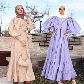 Tuvajos Austrumos Abaya Sieviešu Puff Piedurknēm Vintage Gara Kleita Mežģīnes-Up Savirmot Zaudēt Modes Maxi Drēbes Arābu Turcijas, Malaizijas, Marokas Jaunas