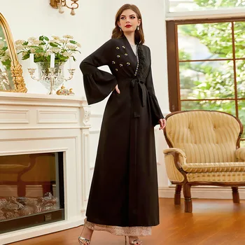 Melns Atvērt Kaftan Dubaija Abaya Turcija Kimono Jaka Drēbes Ar Spalvu Musulmaņu Kleita, Hijab Ramadāna Abayas Sievietēm Islāma Drēbes