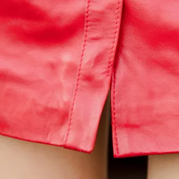 Pavasara, Rudens Sarkans Ciets Elastīgs Viduklis Sexy Sieviešu Īstas Ādas Modes Kabatas Svārki 2020 
