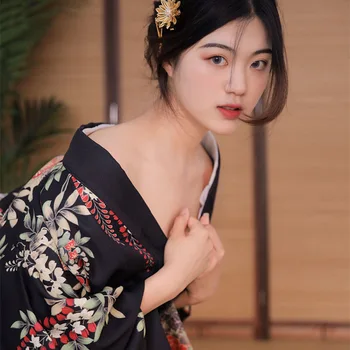 Sexy Sievietes Japāņu Kimono Yukata Ar Obi Ziedu Izdrukas Ar Garām Piedurknēm Yukata Cosplay Kleita Posmā, Kas Veic Parādīt Cosplay Kostīms