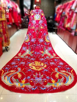 Līgava Izšūti Phoenix Šalle Ķīniešu Stila Kāzu Kleita Sievietēm Cheongsam Šalle Sarkana satīna Izšūti Sārņu Šalles