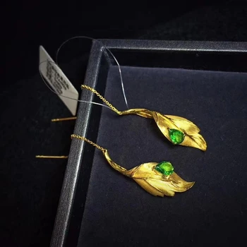 Dabas zaļā Tsavorite piliens auskari 925 sudraba dabas dārgakmens auskari Modes garu Līniju Lapām sievietes puses dāvanu rotaslietas