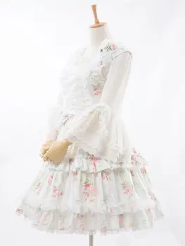 Lolita Kleita Sleevelss Balts Elegants / Vintage Ziedu Drukāt un Ruffles Lolita Džemperis Svārki