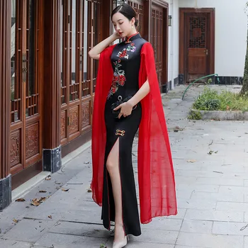 Modes Izšuvumi Sirēna Ķīniešu Tradicionālā Kleita Cheongsam Sievietēm Eleganto Qipao Sexy Sadalīt Ilgi Austrumu Stila Vakara Kleita