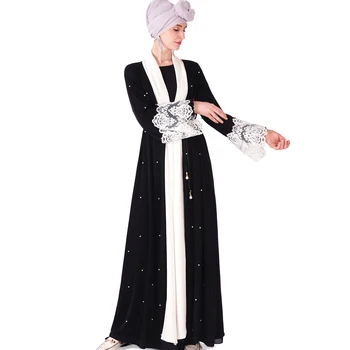 Melns Abaya kleita Musulmaņu dubaija modes priekšā atvērt kimono ilgi sievietes abaya balta mežģīņu krelles jaunāko dizainu