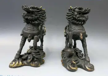 Ķīna bronzas skulptūru vara Pārtikušu Vākšana Foo Suņi Kylin pāris Statuja