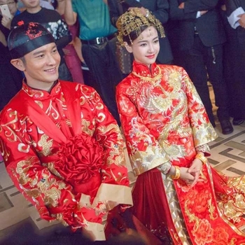 Angelababy Huang XiaoMing Ķīniešu Tradicionālās Kāzas Hanfu Kostīmu Pāris Komplekti Republikāņu Perioda Kāzu Līgava un Līgavainis Hanfu