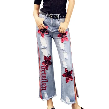 Sequin caurumu džinsi sievietēm ar augstu vidukļa rāvējslēdzēju bārkstis ripped džinsi bikses 2018. gadam Pavasara bikses vaļīgas sieviešu džinsa plaša kāju bikses