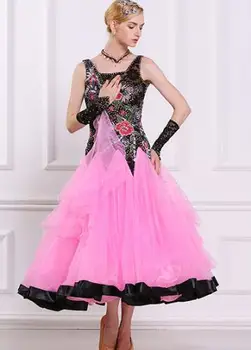 Pielāgot elegants rozā, melns mežģīņu ziedu Dvesma piedurknēm cimdu Fox rikši Valsis tango rhinestone standarta balles deju kleita