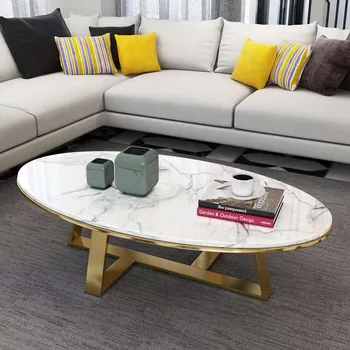 Ziemeļvalstu marmora kafijas galds mūsdienu minimālisma neliela viesistaba, kafijas galdiņš ovālas formas modelis istabas vienkārša kafijas galds
