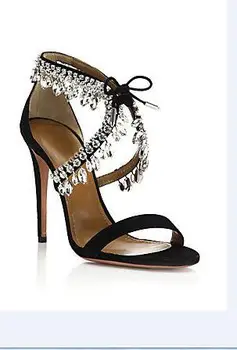Jaunums dizaina sieviešu sandales augstpapēžu mežģīnes-up papēži open toe sandales sieviešu skrejceļa rhinestone sandales melna balta papēža