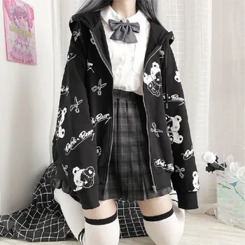 Japāņu Gothic Coat Sieviešu Modes Rudenī Plus Samta Siltas Ziemas Drēbes ins Preppy Hoodies kawaii garām Piedurknēm pelēkā vārna jaka