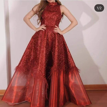 Vizuļi balles kleitas 2020. gadam, augsta kakla vizuļi spalvu sarkanās līnijas, vakartērpi, vestidos de fiesta